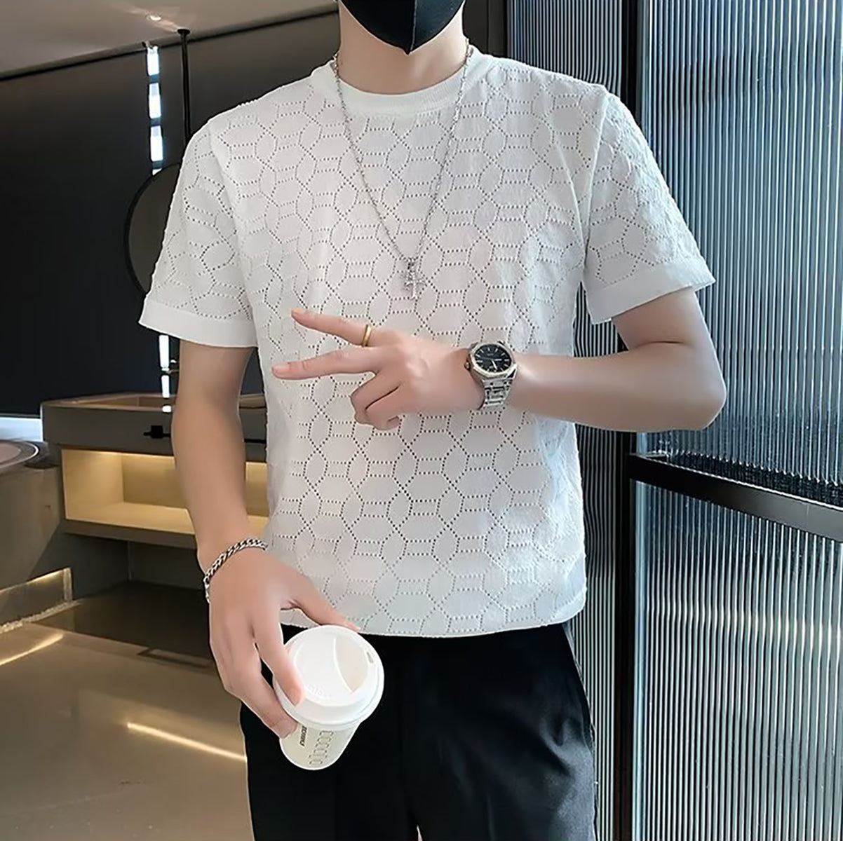 Men Self Design Round Neck T-shirt