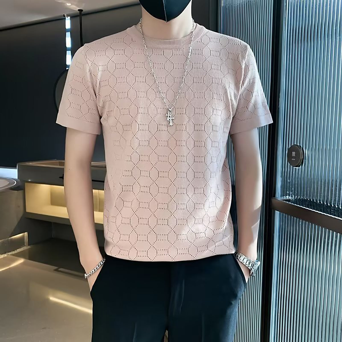 Men Self Design Round Neck T-shirt