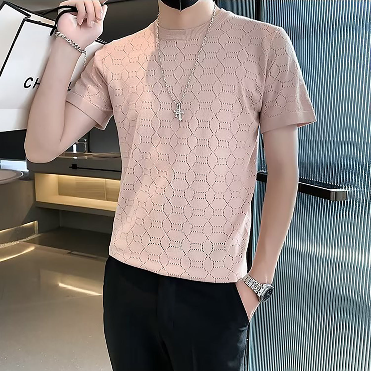 Men Self Design Round Neck T-shirt