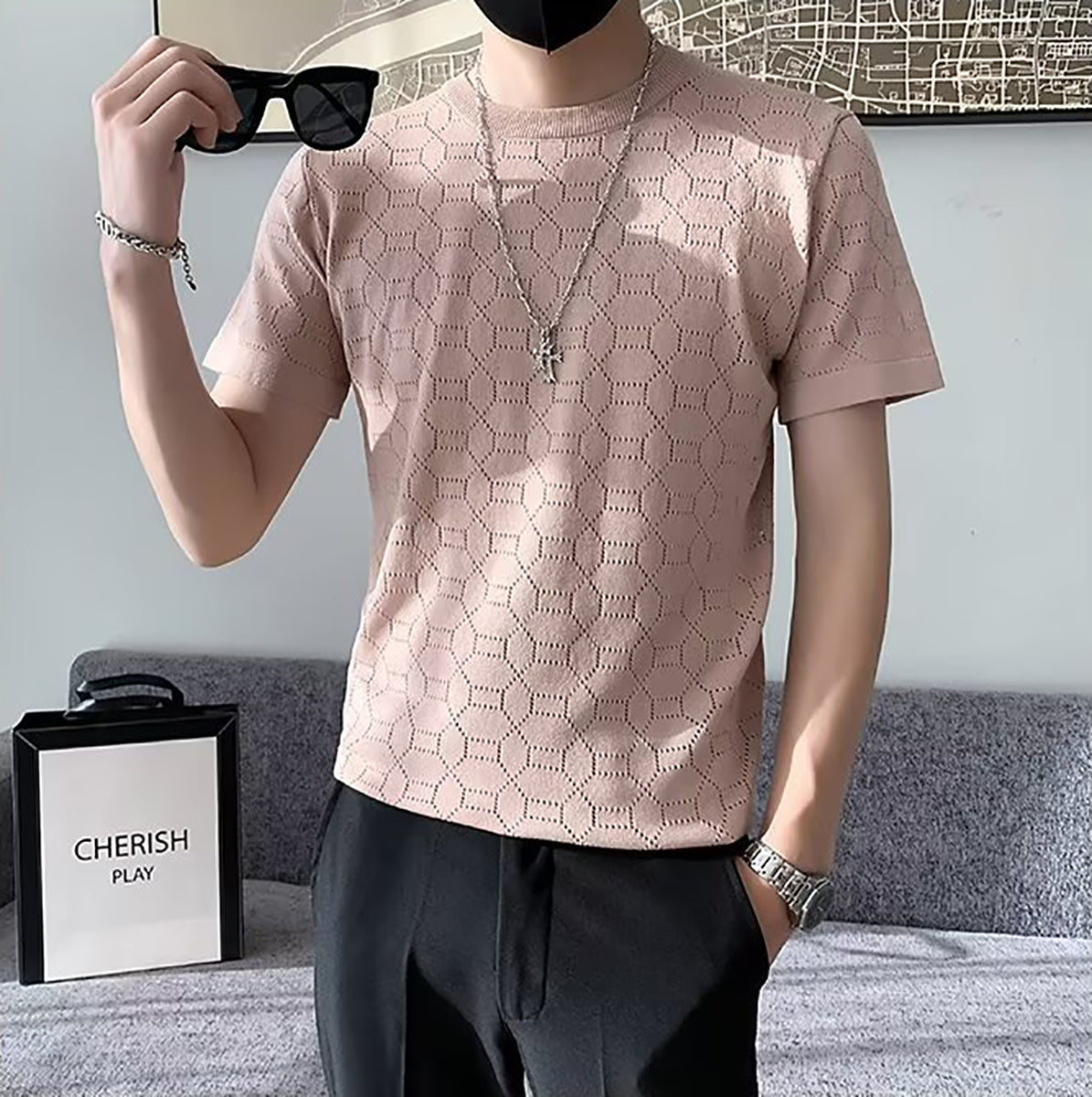 Men Self Design Round Neck T-shirt