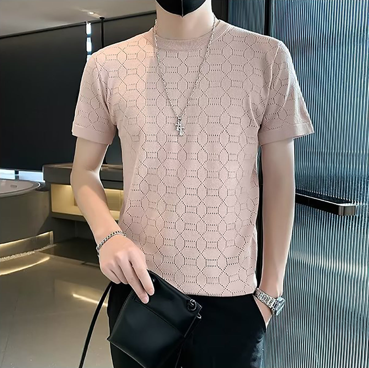 Men Self Design Round Neck T-shirt