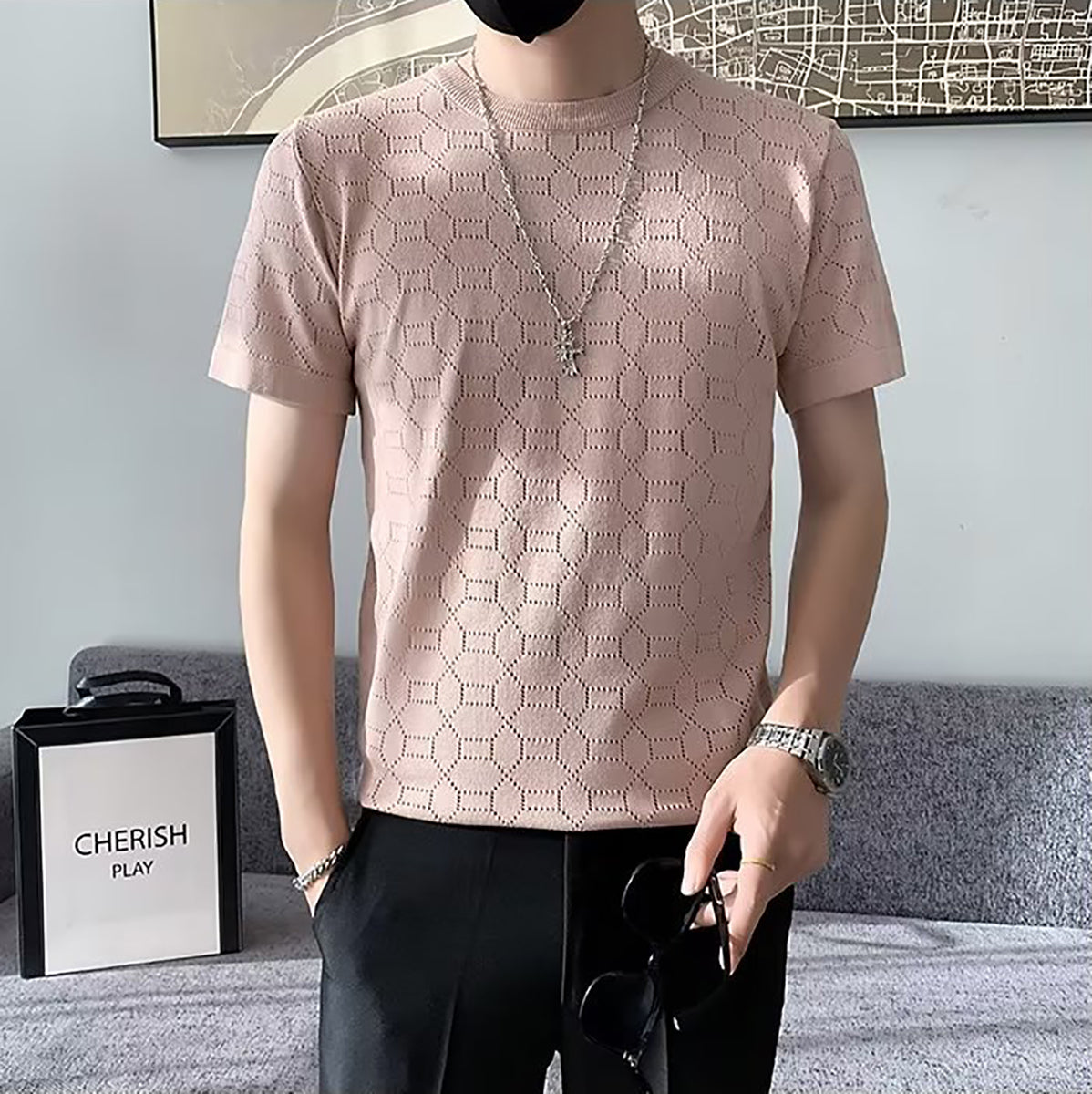 Men Self Design Round Neck T-shirt