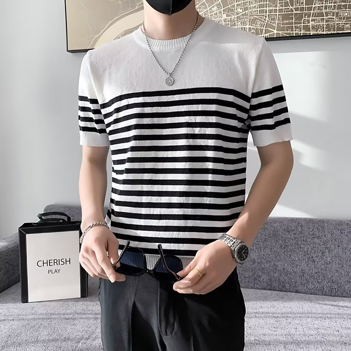 Men Striped Round Neck T-shirt