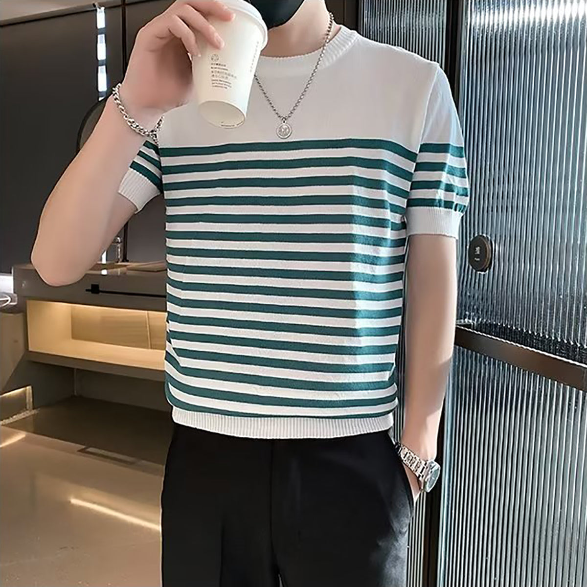 Men Striped Round Neck T-shirt