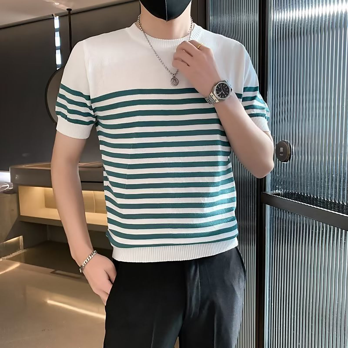 Men Striped Round Neck T-shirt
