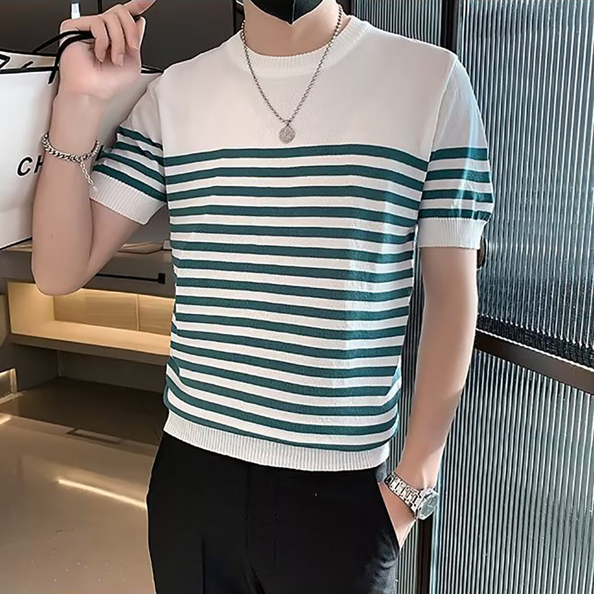 Men Striped Round Neck T-shirt