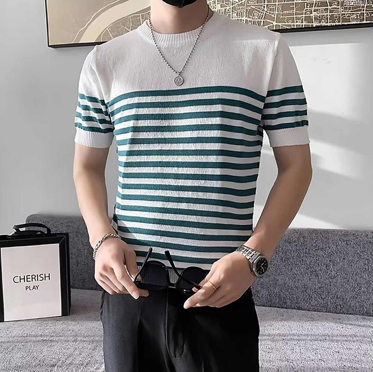 Men Striped Round Neck T-shirt