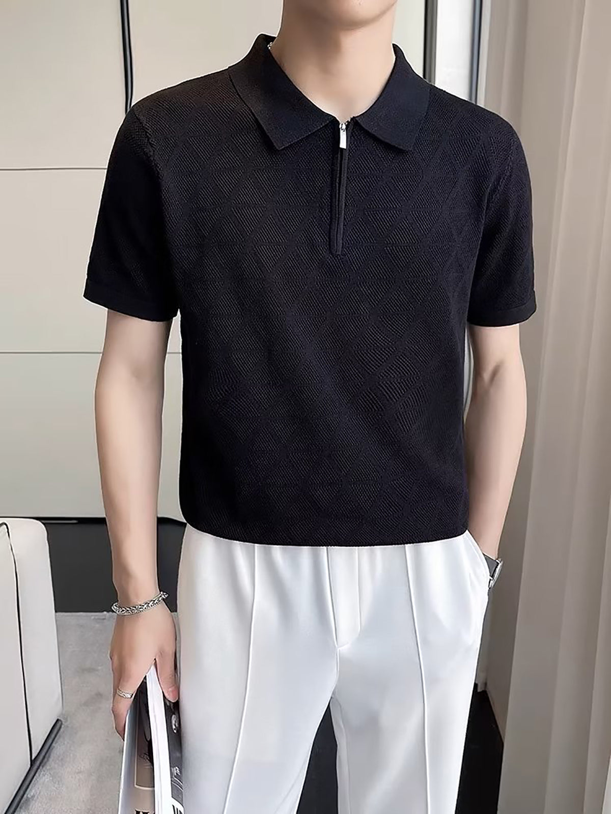 Men Self Design Polo Collar T-shirt