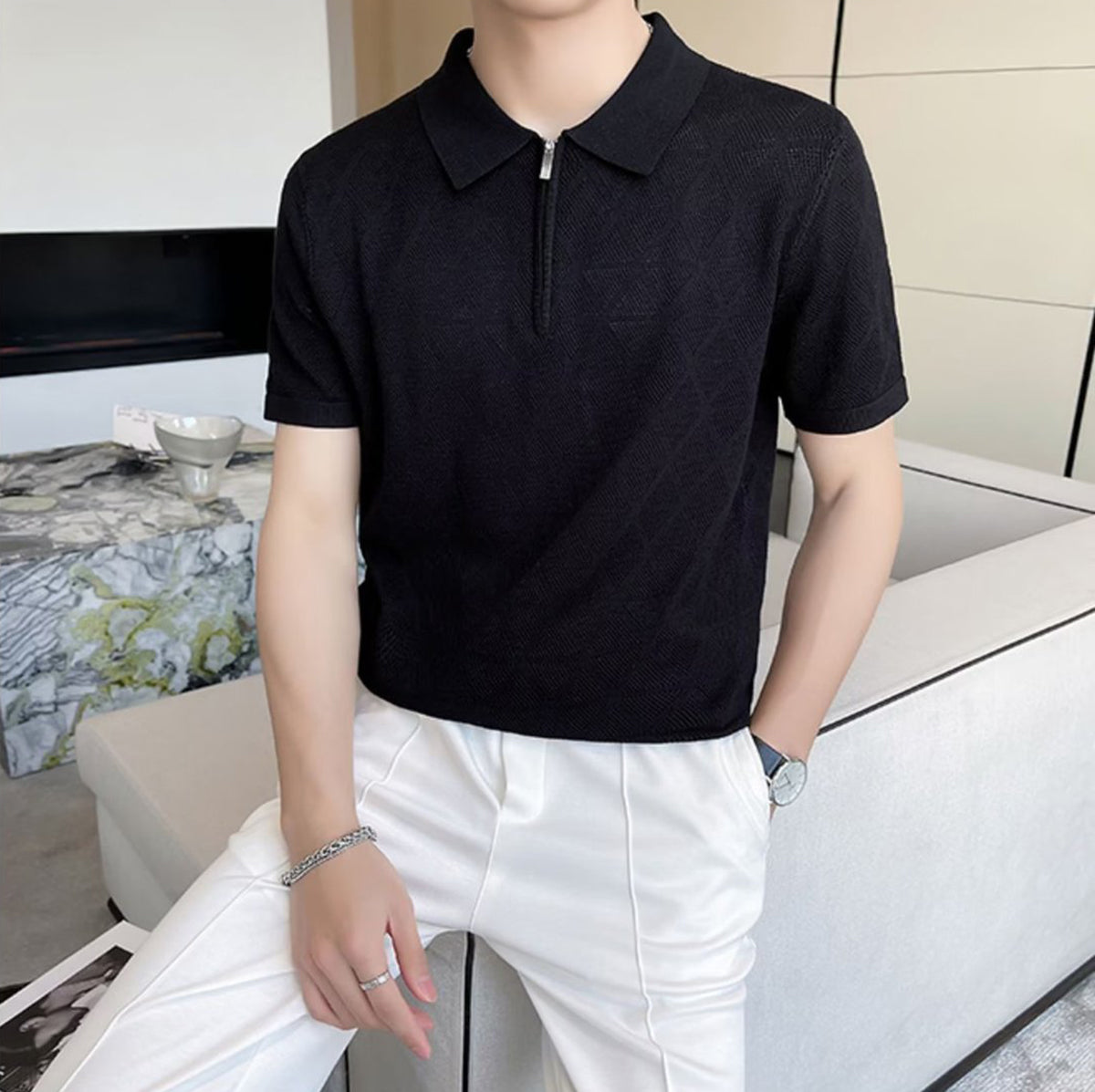 Men Self Design Polo Collar T-shirt