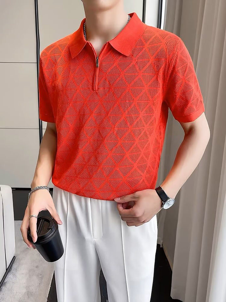 Men Self Design Polo Collar T-shirt