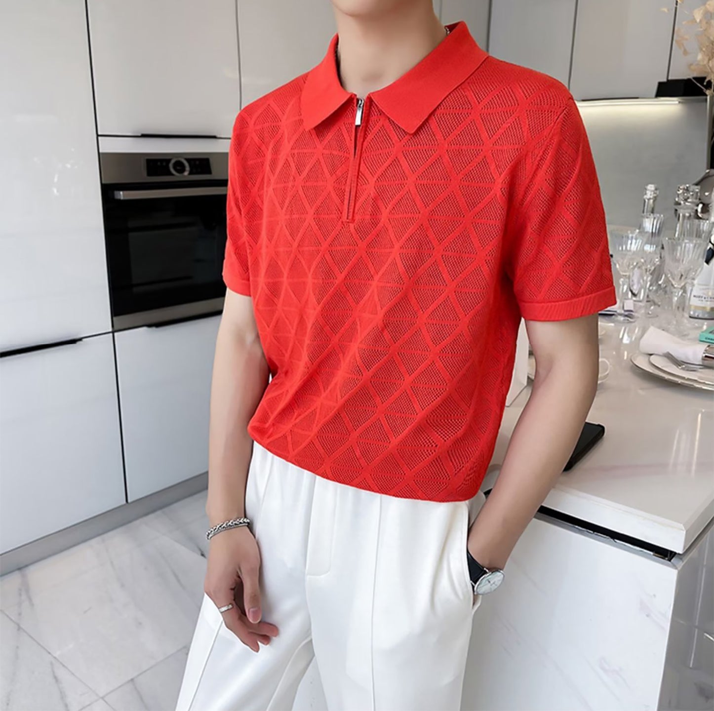 Men Self Design Polo Collar T-shirt