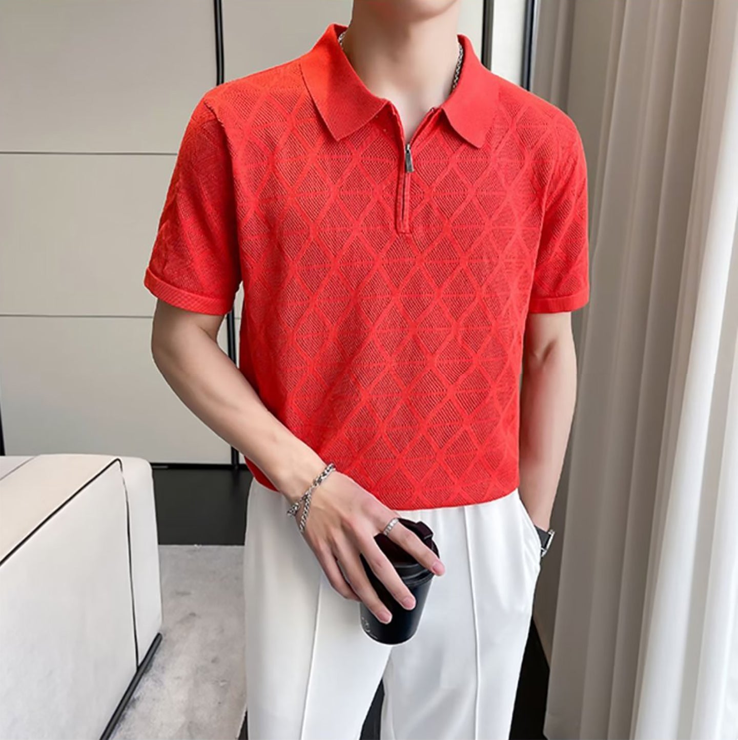 Men Self Design Polo Collar T-shirt