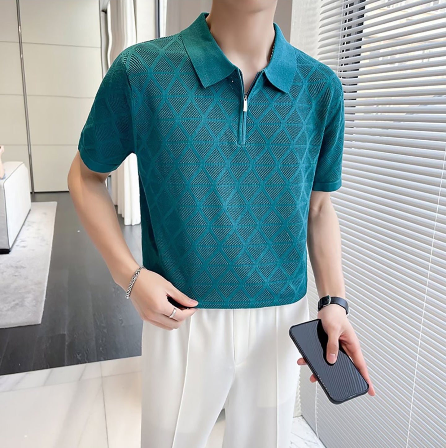 Men Self Design Polo Collar T-shirt