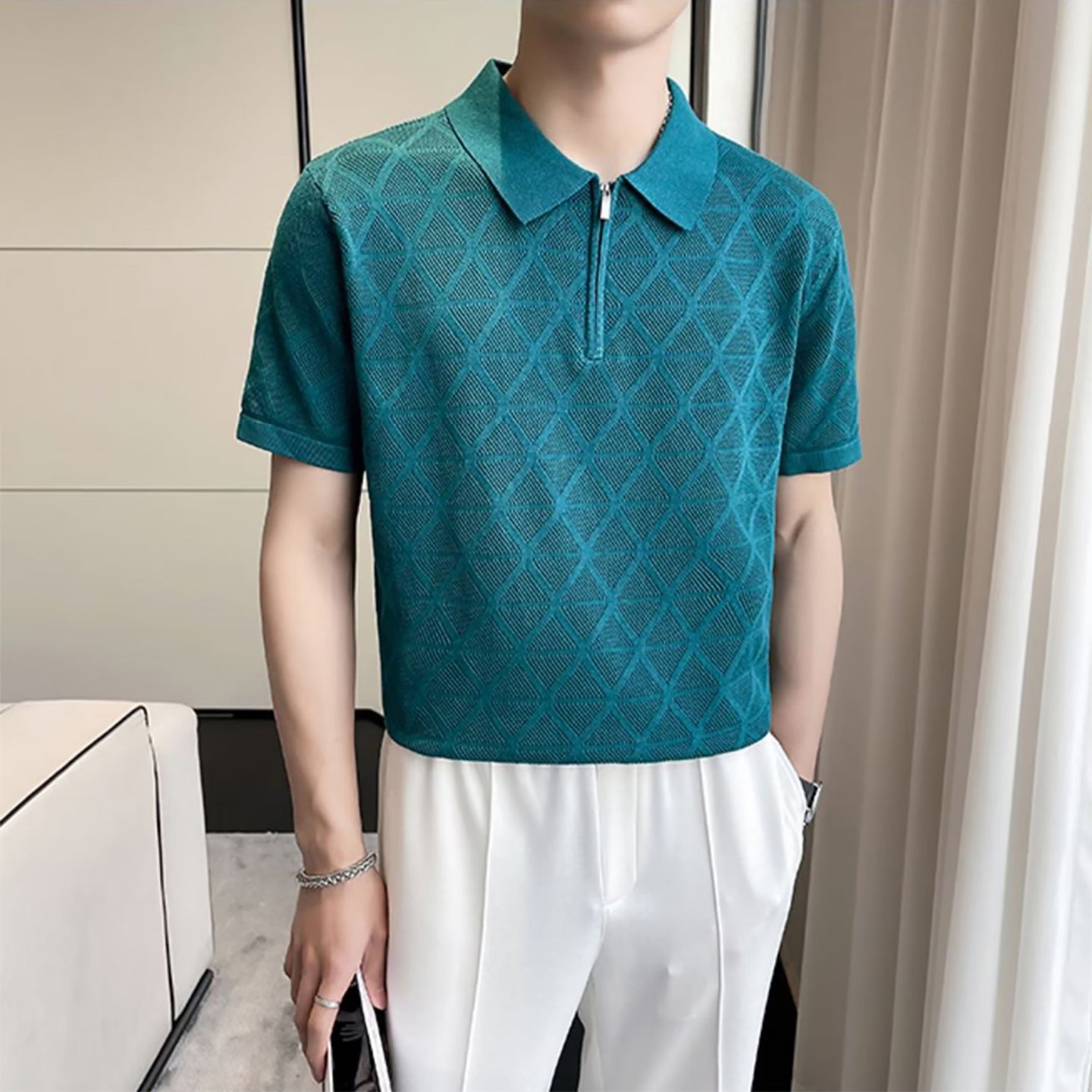Men Self Design Polo Collar T-shirt