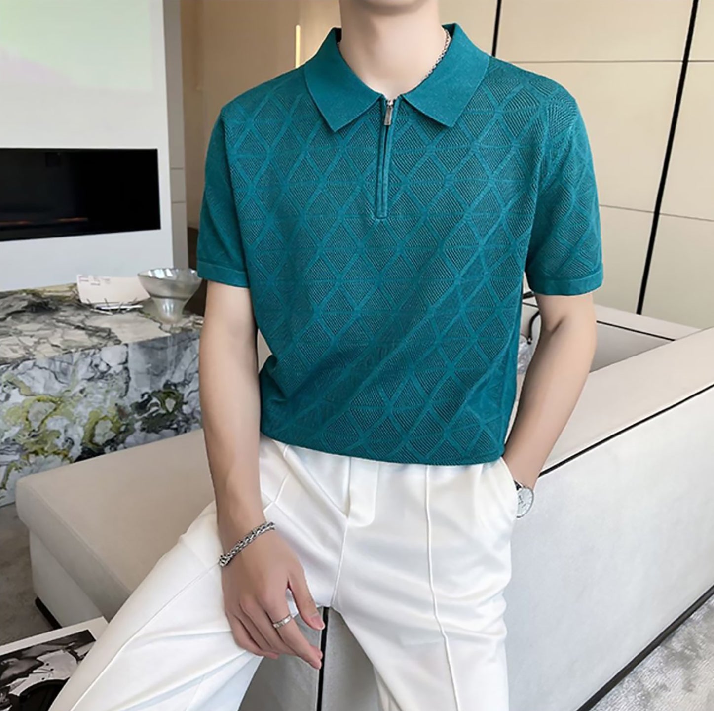 Men Self Design Polo Collar T-shirt
