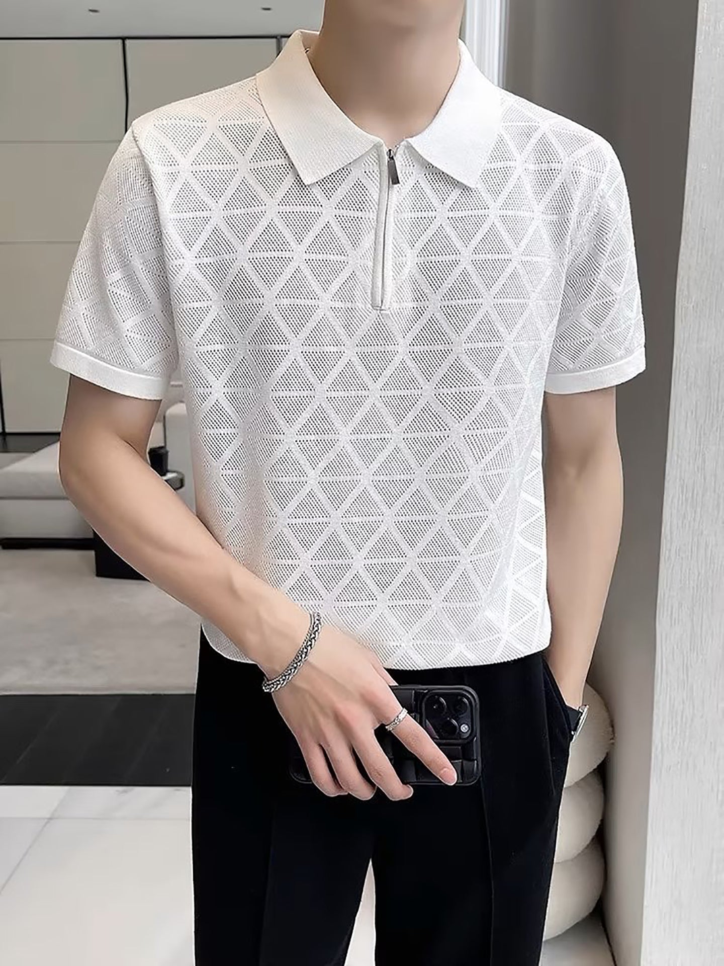Men Self Design Polo Collar T-shirt