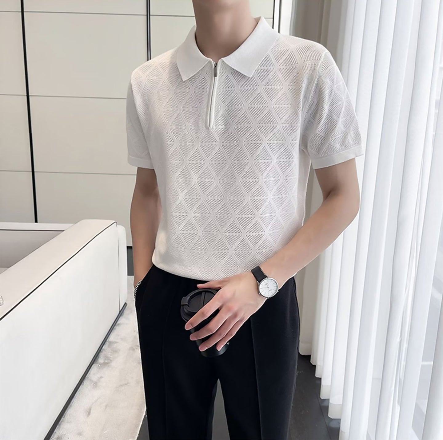 Men Self Design Polo Collar T-shirt