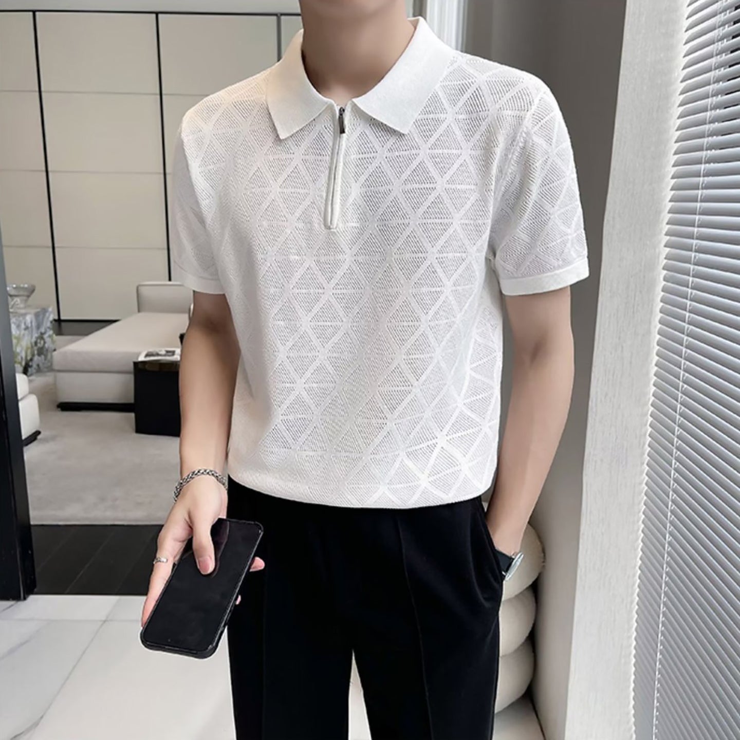 Men Self Design Polo Collar T-shirt