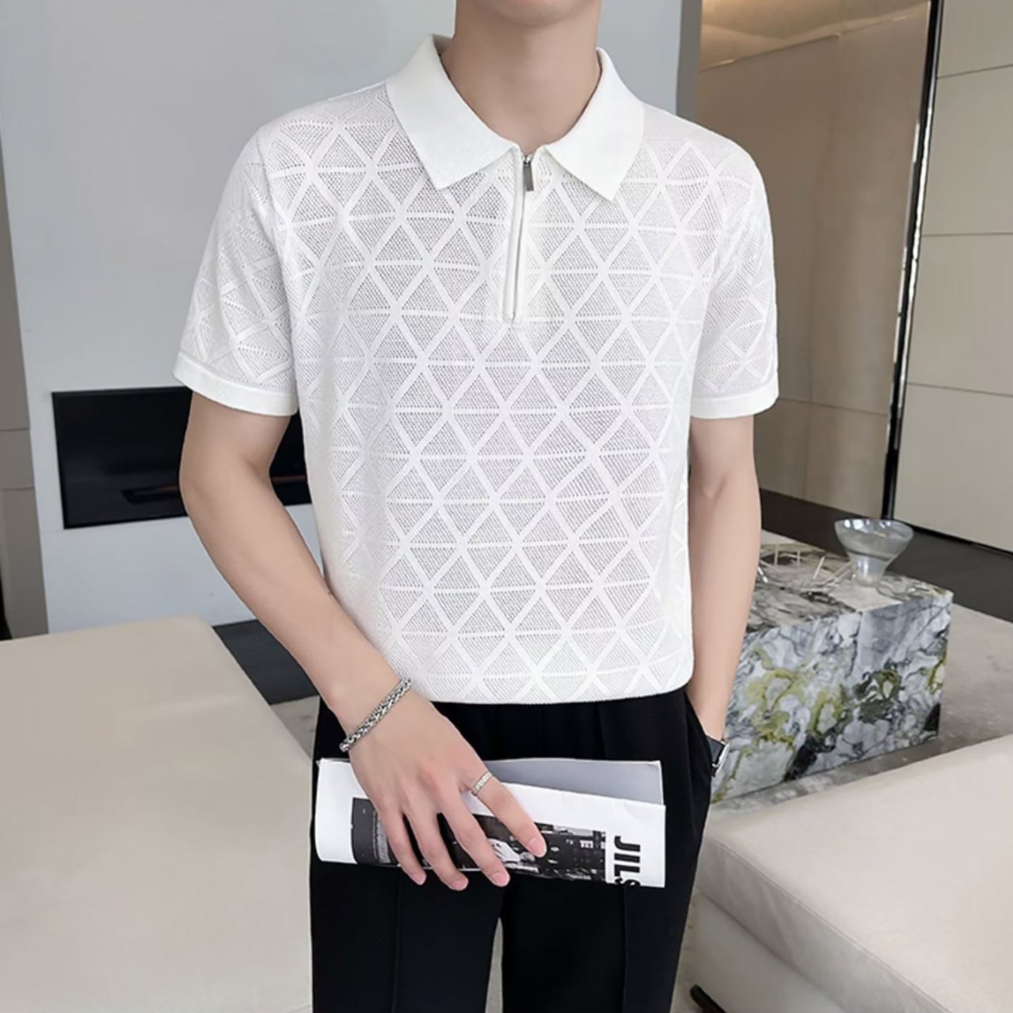 Men Self Design Polo Collar T-shirt