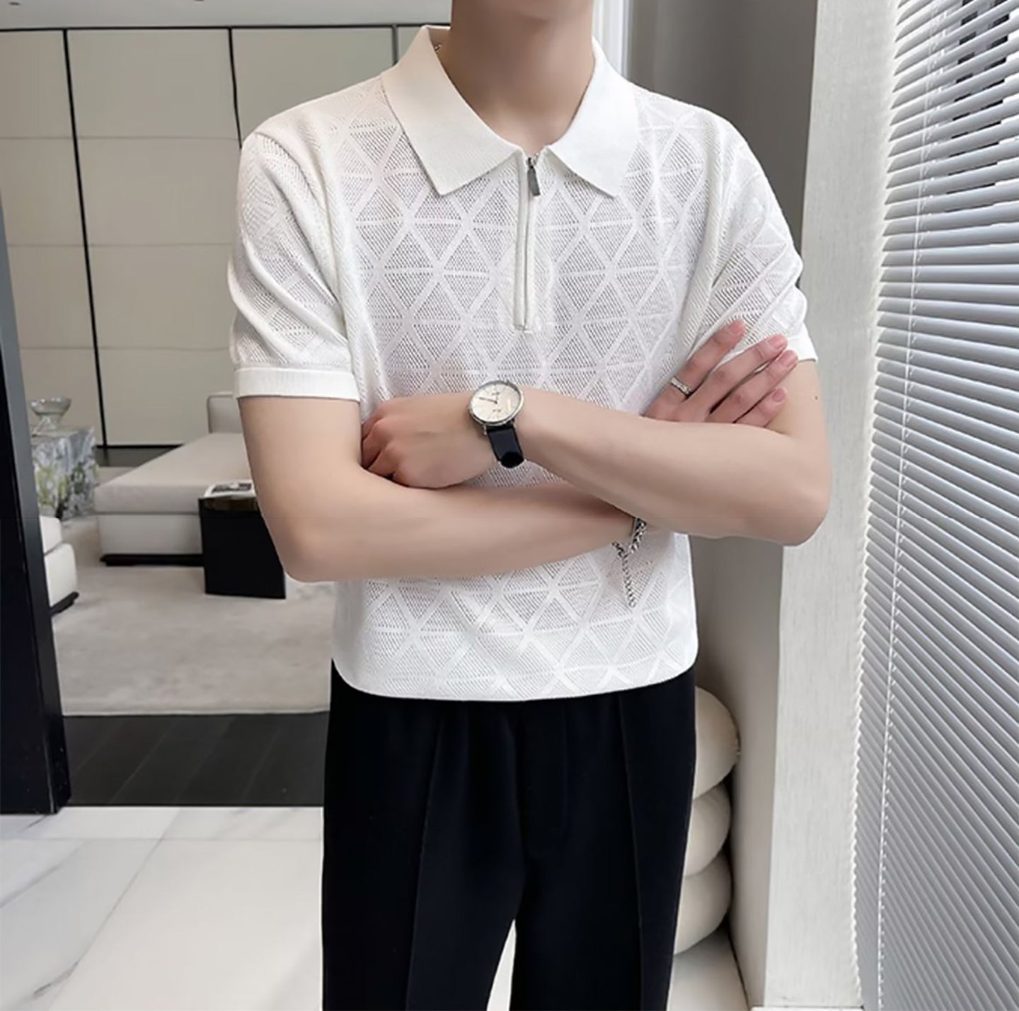 Men Self Design Polo Collar T-shirt