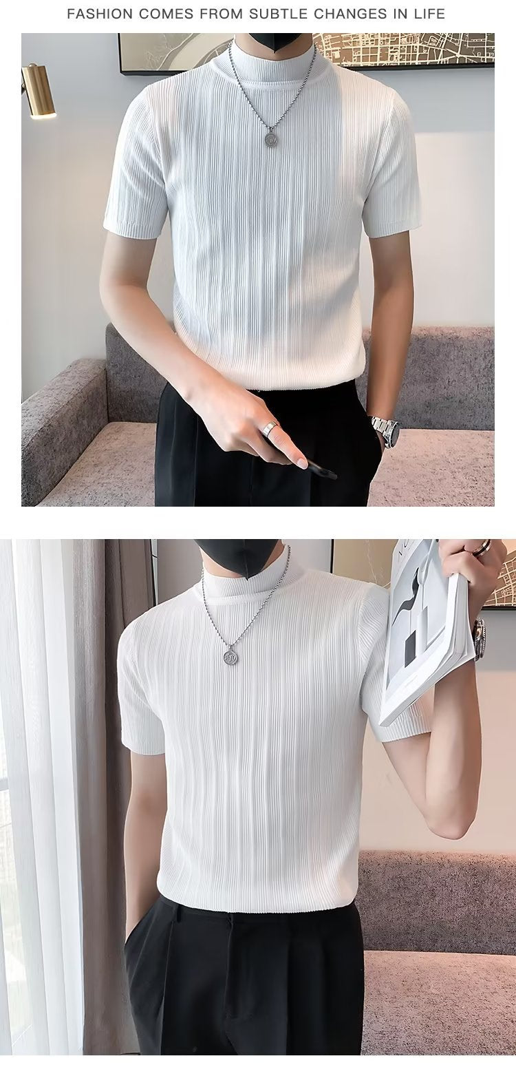 Men Self Design High Neck T-shirt