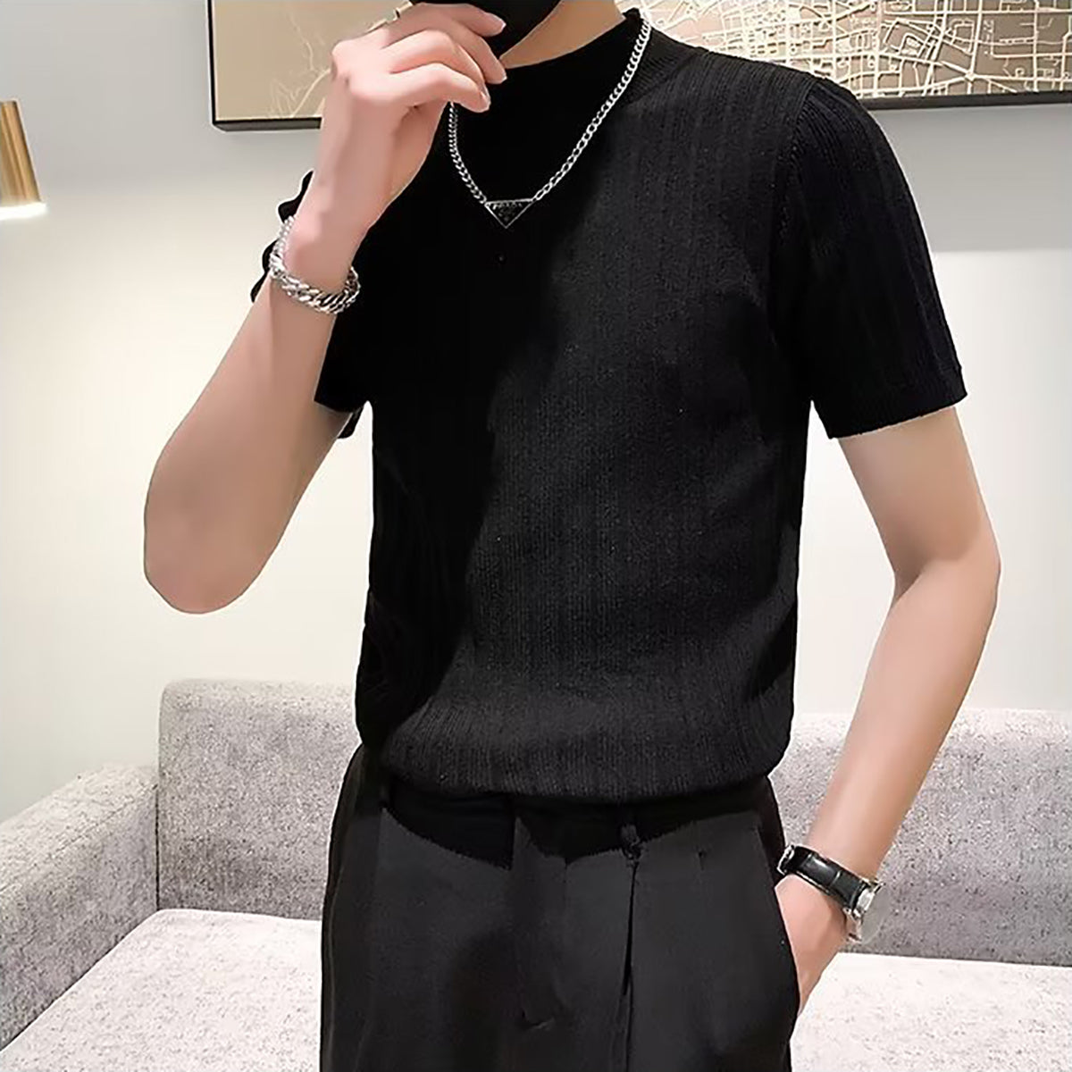 Men Self Design High Neck T-shirt