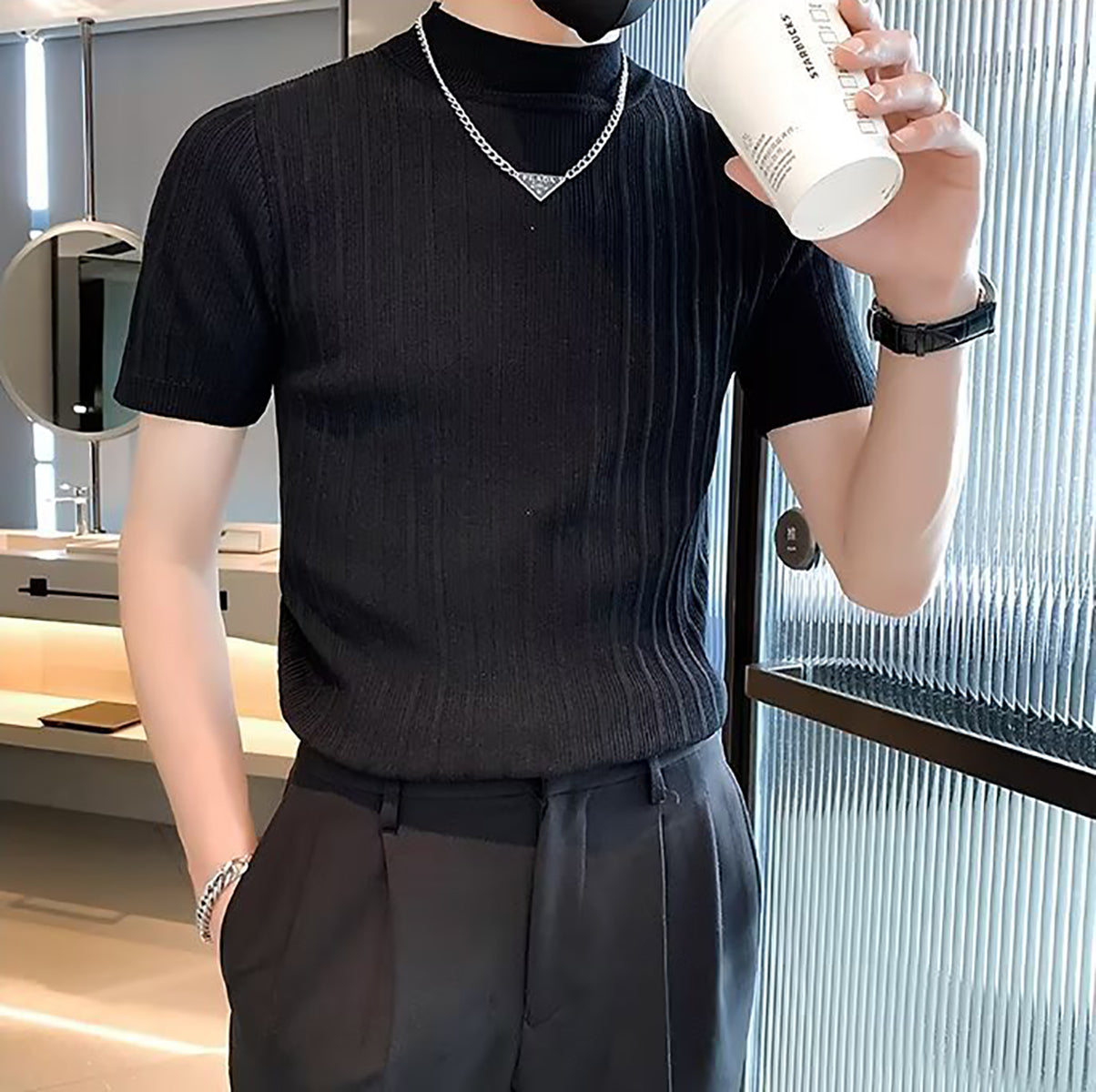 Men Self Design High Neck T-shirt