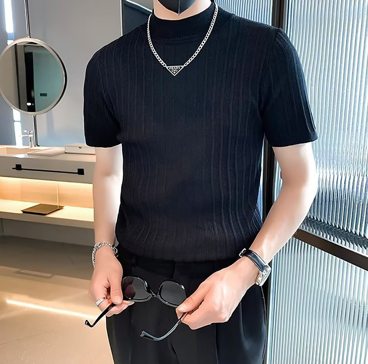 Men Self Design High Neck T-shirt