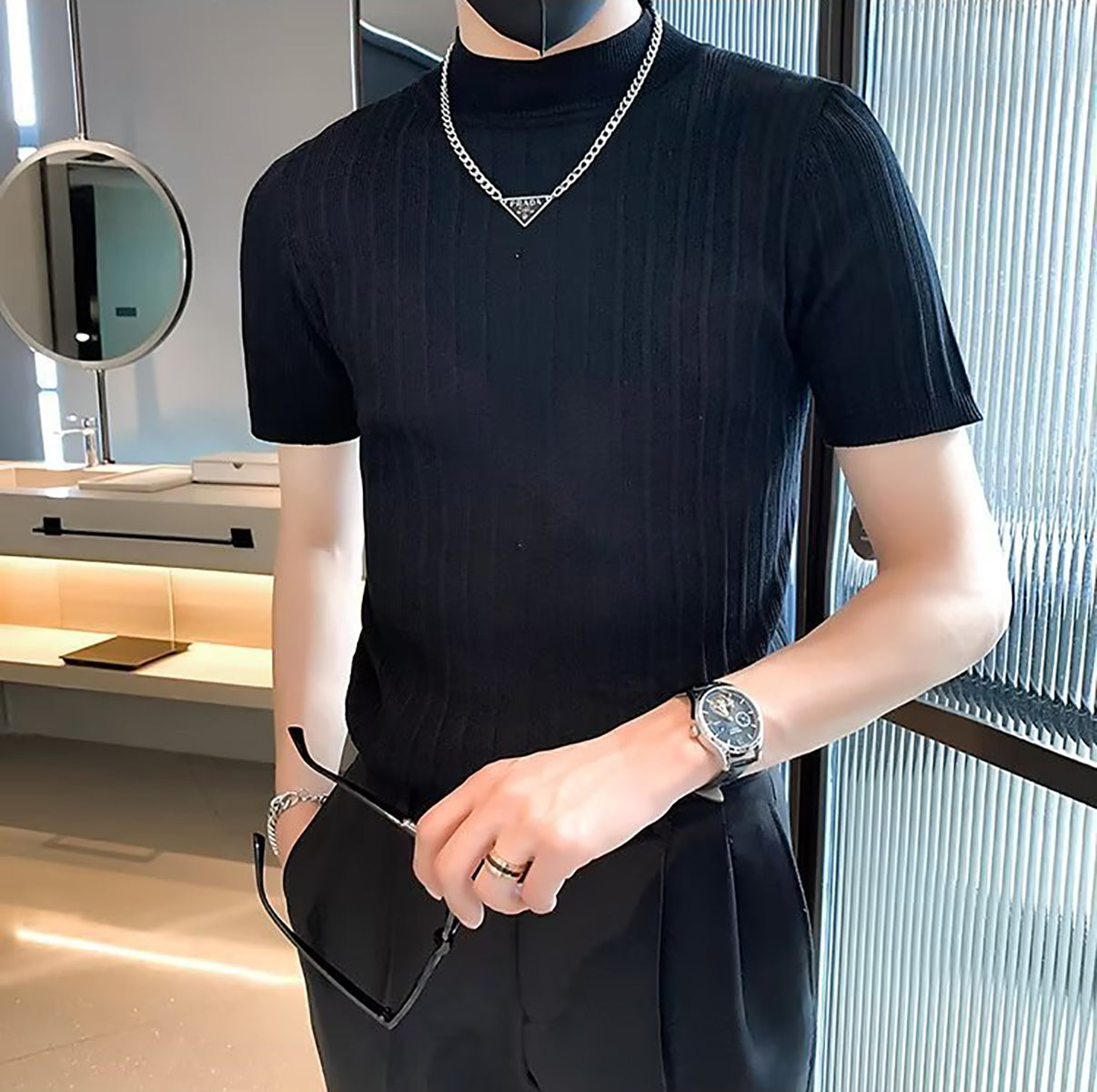 Men Self Design High Neck T-shirt
