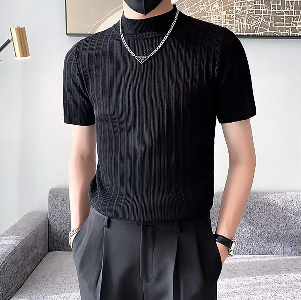 Men Self Design High Neck T-shirt