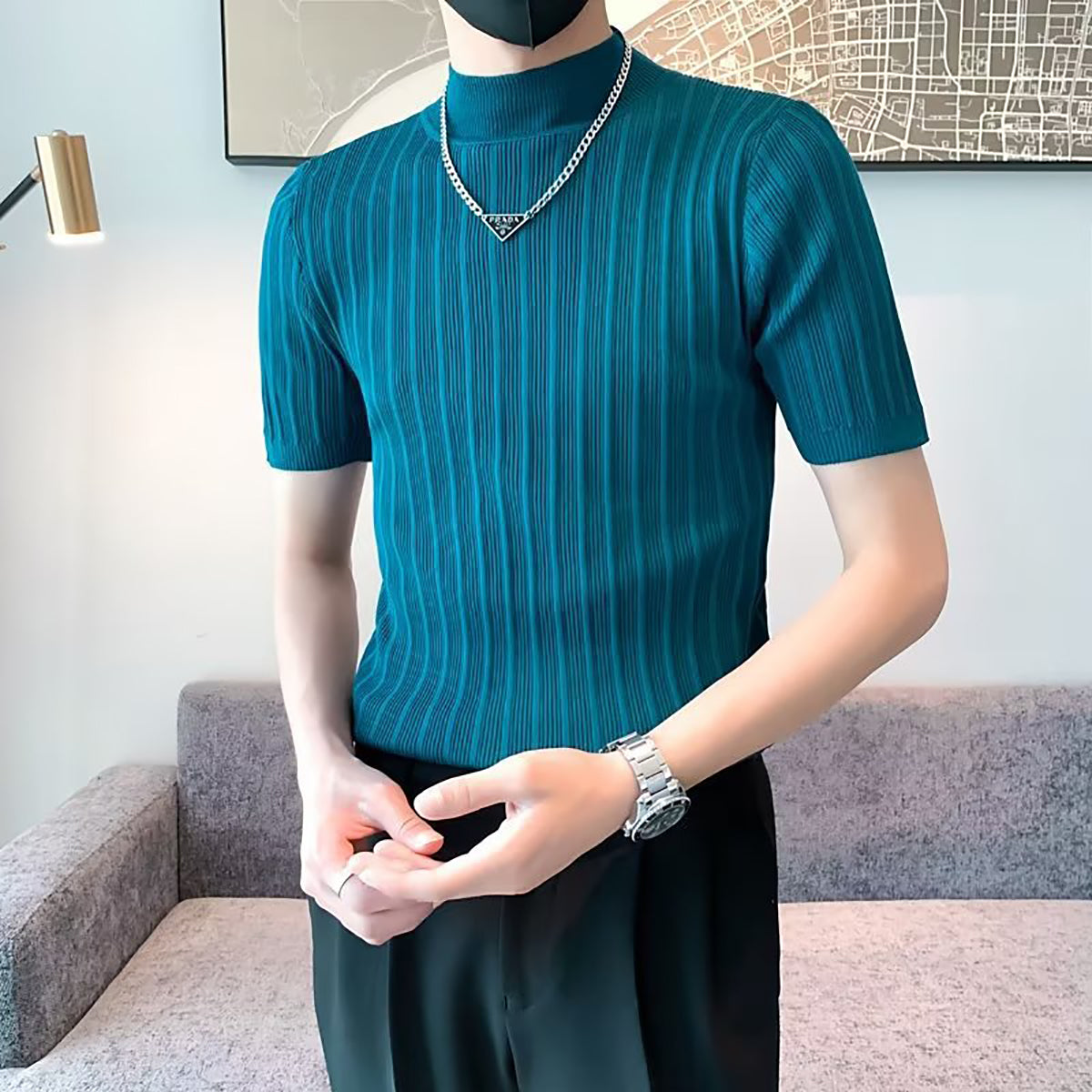 Men Striped High Neck T-shirt
