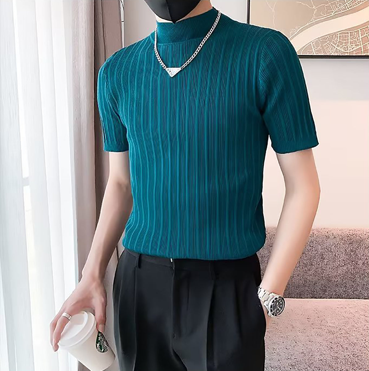 Men Striped High Neck T-shirt
