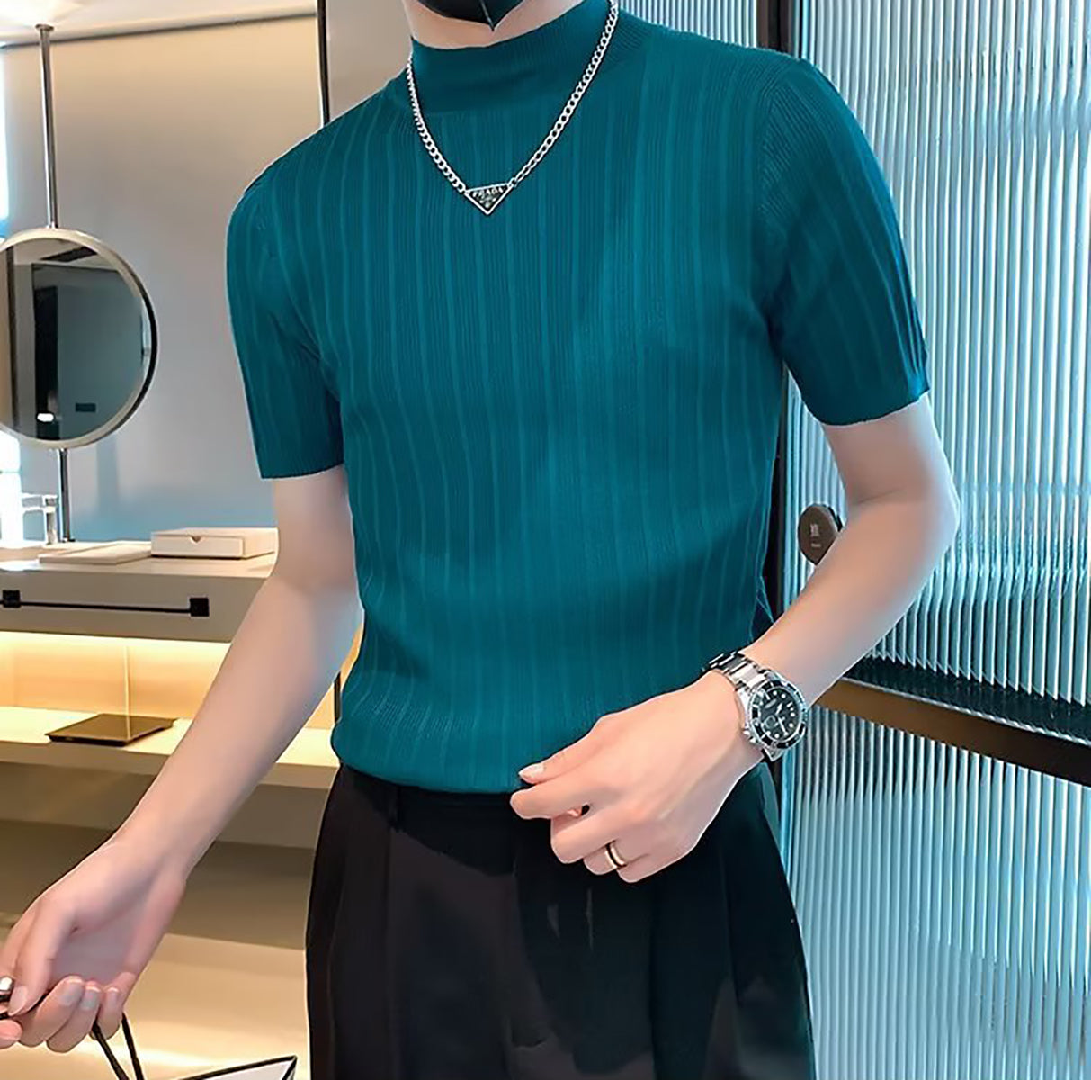 Men Striped High Neck T-shirt