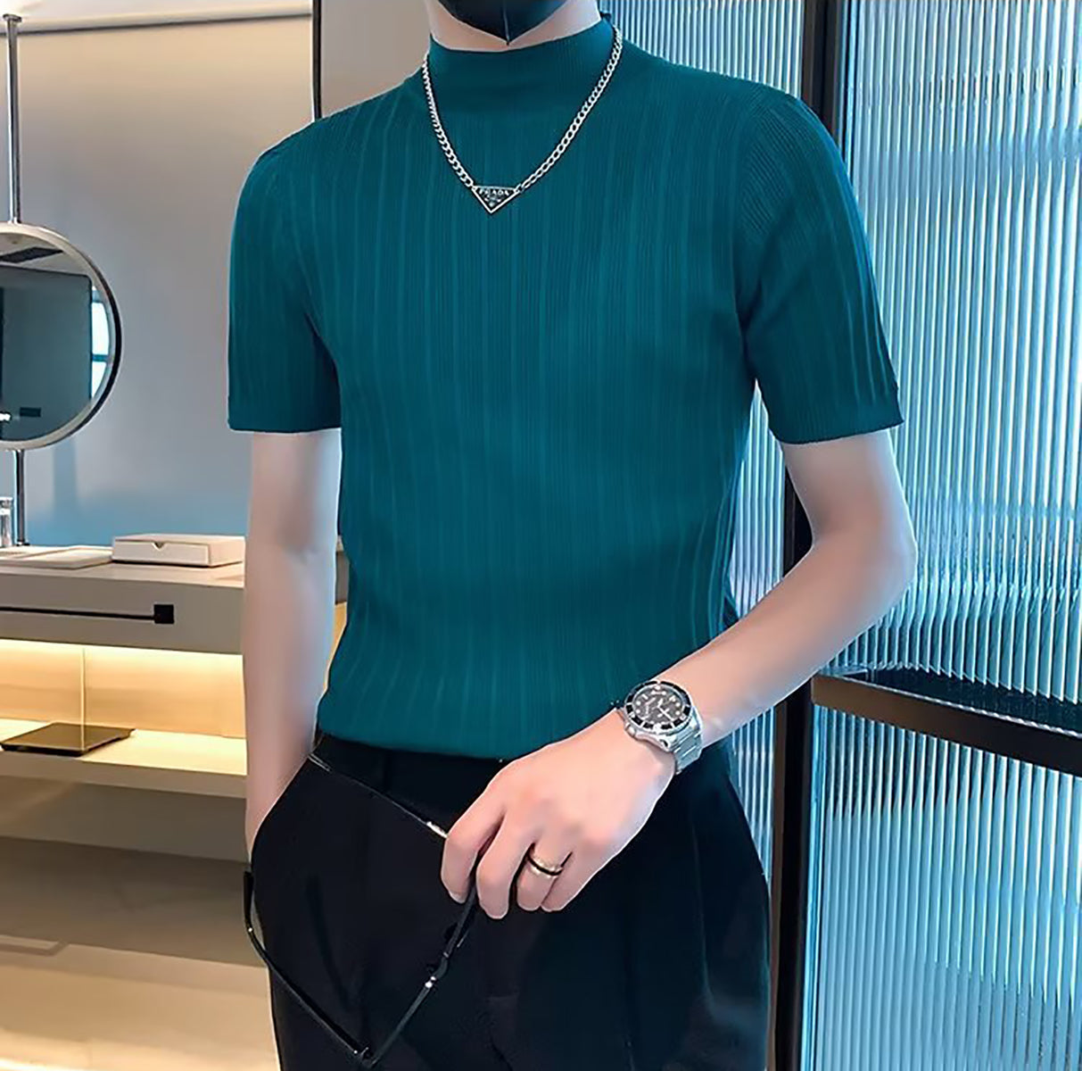Men Striped High Neck T-shirt