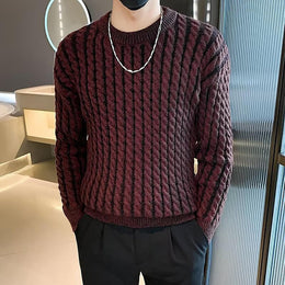 Men Cable Knit Round Neck Pullover Ribbed Sweater