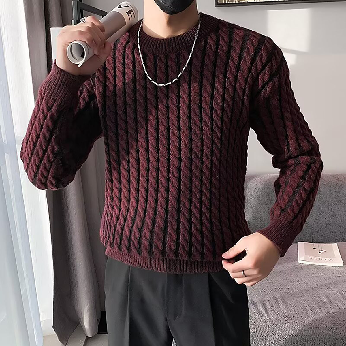 Men Cable Knit Round Neck Pullover Ribbed Sweater