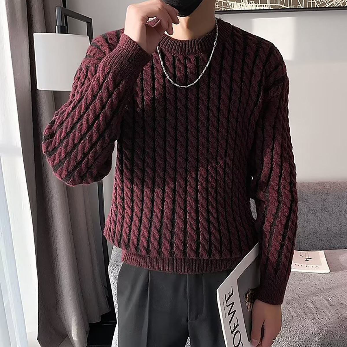 Men Cable Knit Round Neck Pullover Ribbed Sweater
