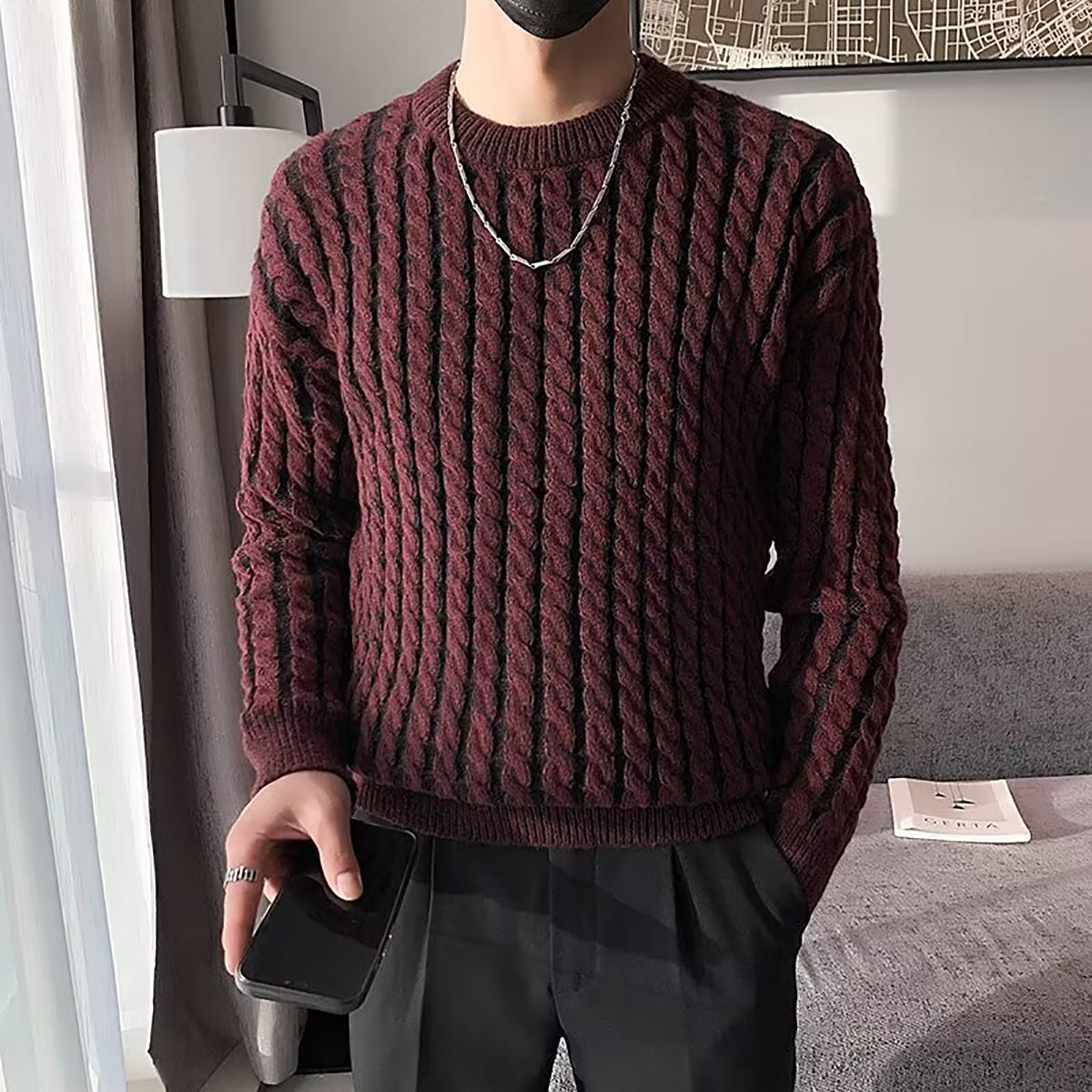 Men Cable Knit Round Neck Pullover Ribbed Sweater