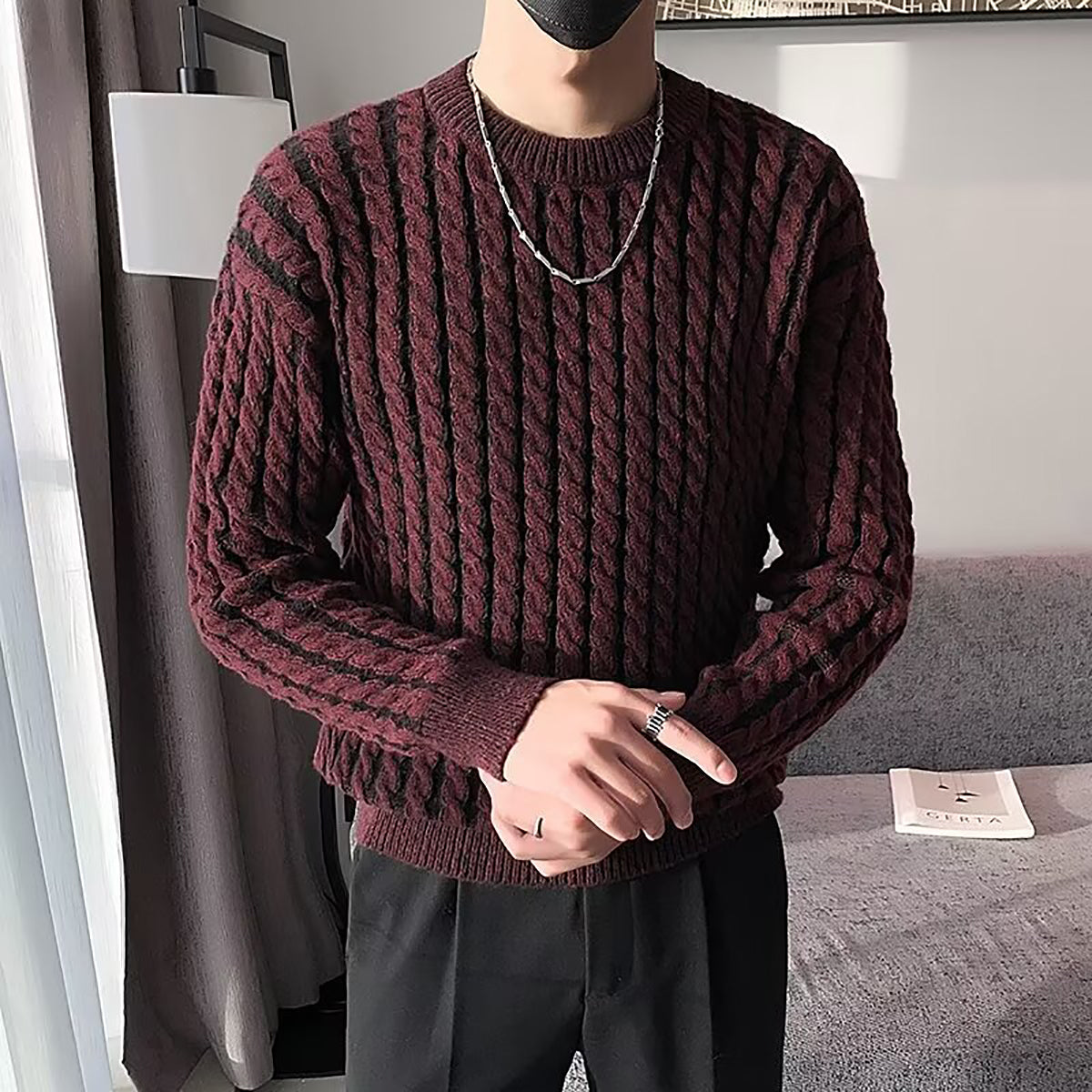 Men Cable Knit Round Neck Pullover Ribbed Sweater