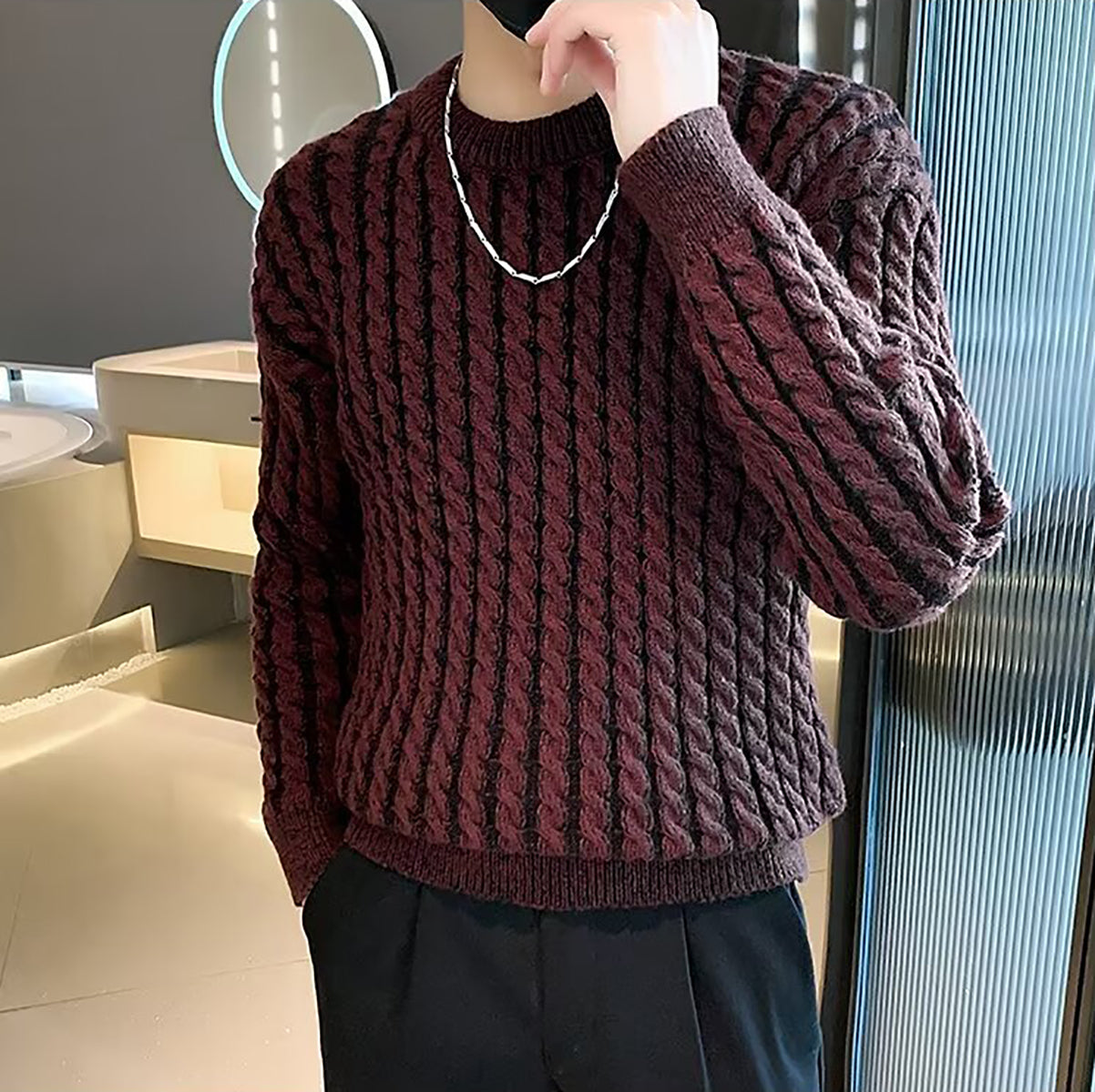 Men Cable Knit Round Neck Pullover Ribbed Sweater