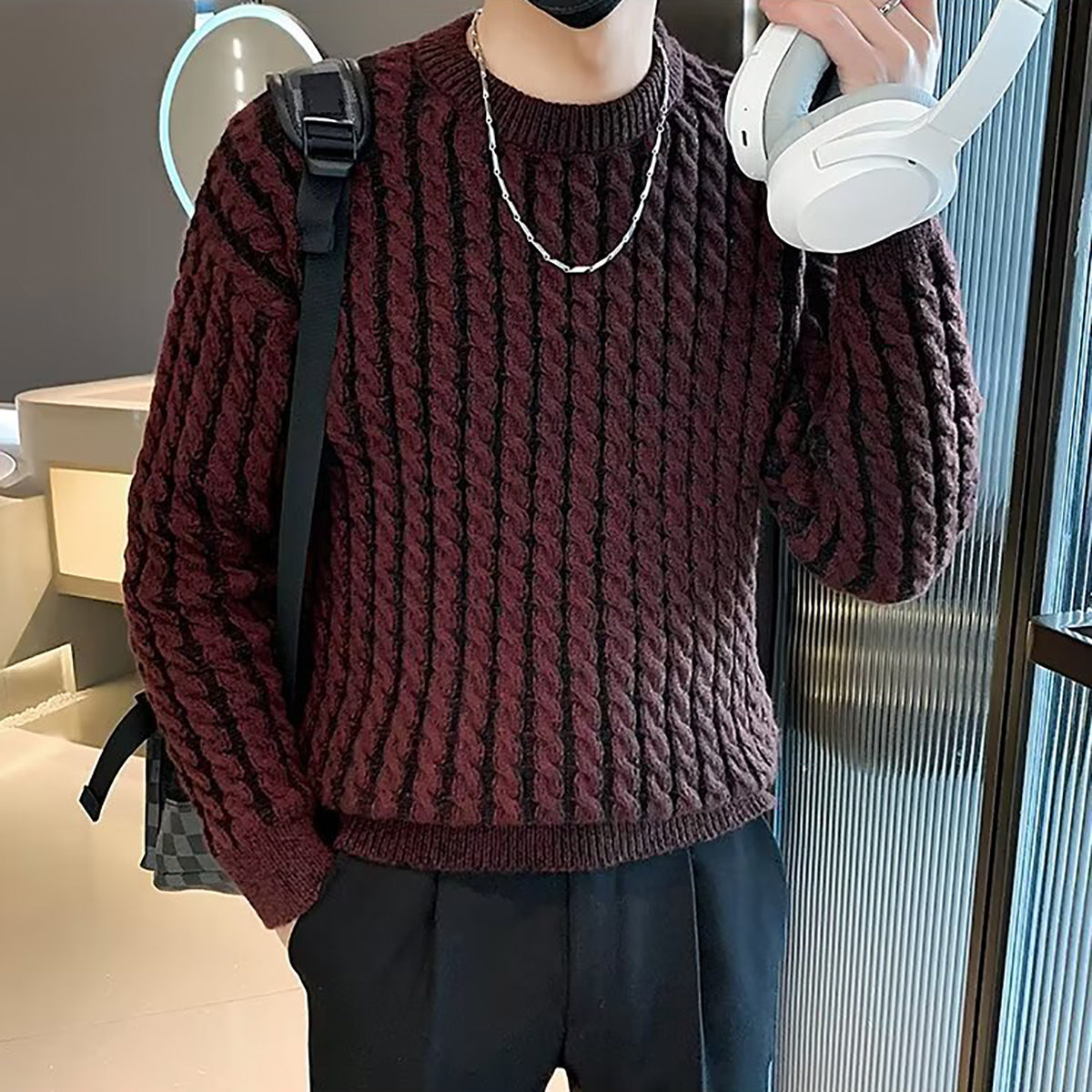 Men Cable Knit Round Neck Pullover Ribbed Sweater