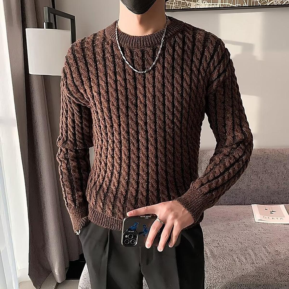 Men Solid Cable Knit Pullover Sweater