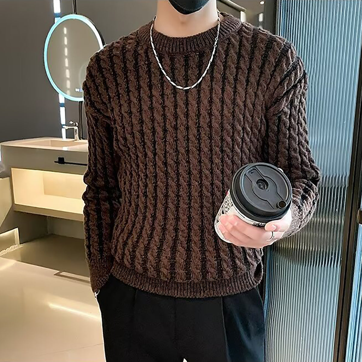 Men Solid Cable Knit Pullover Sweater
