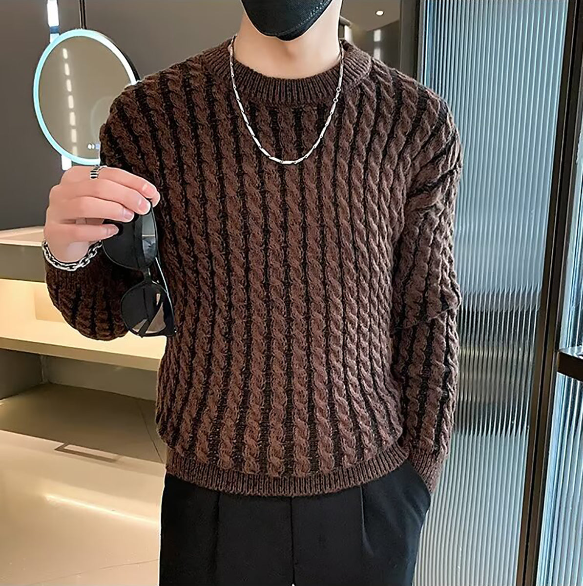 Men Solid Cable Knit Pullover Sweater
