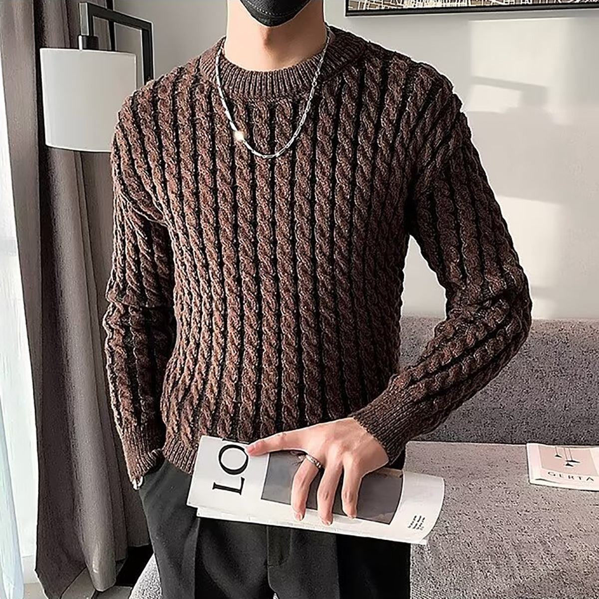 Men Solid Cable Knit Pullover Sweater