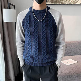 Men Cable Knit Round Neck Pullover Ribbed Sweater