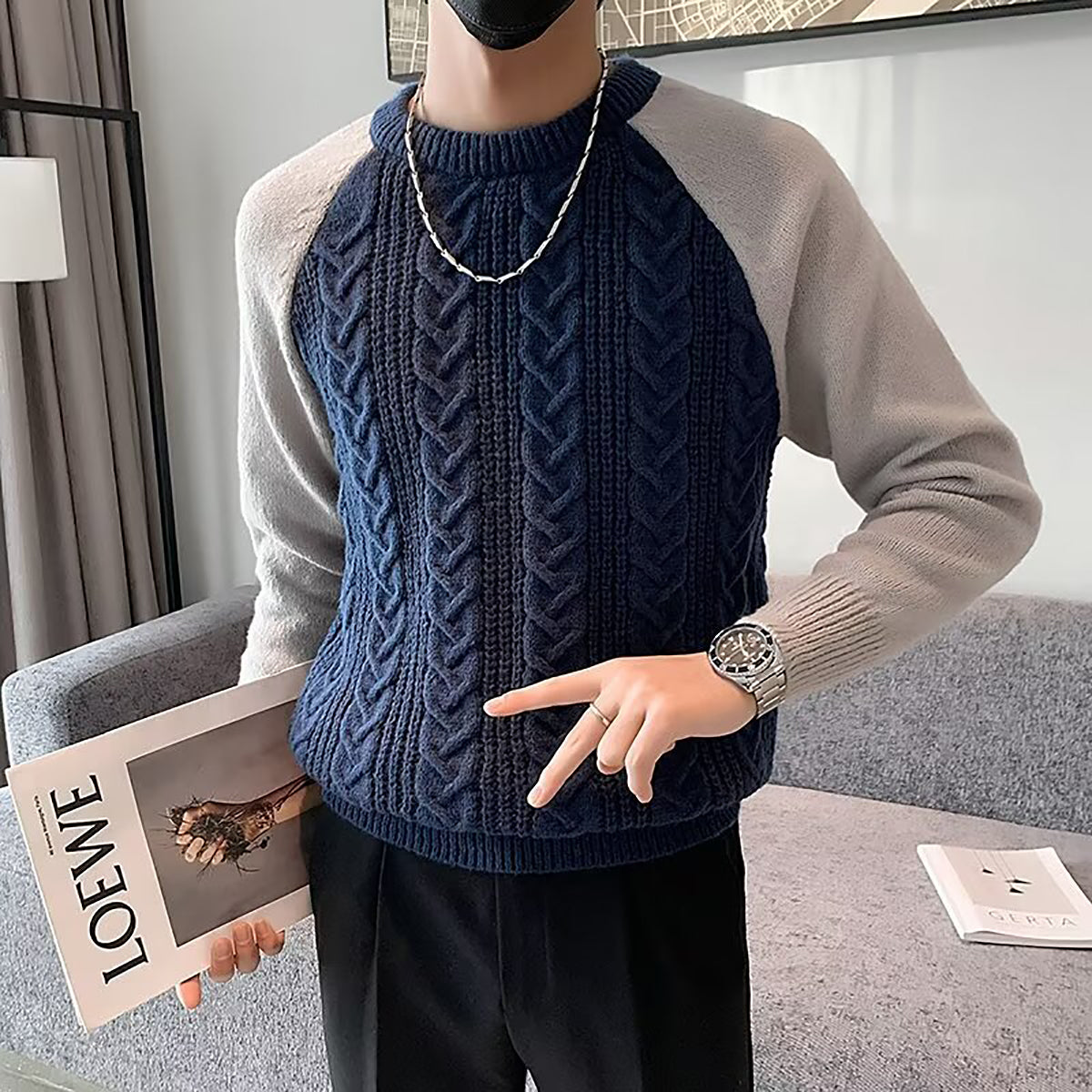 Men Cable Knit Round Neck Pullover Ribbed Sweater