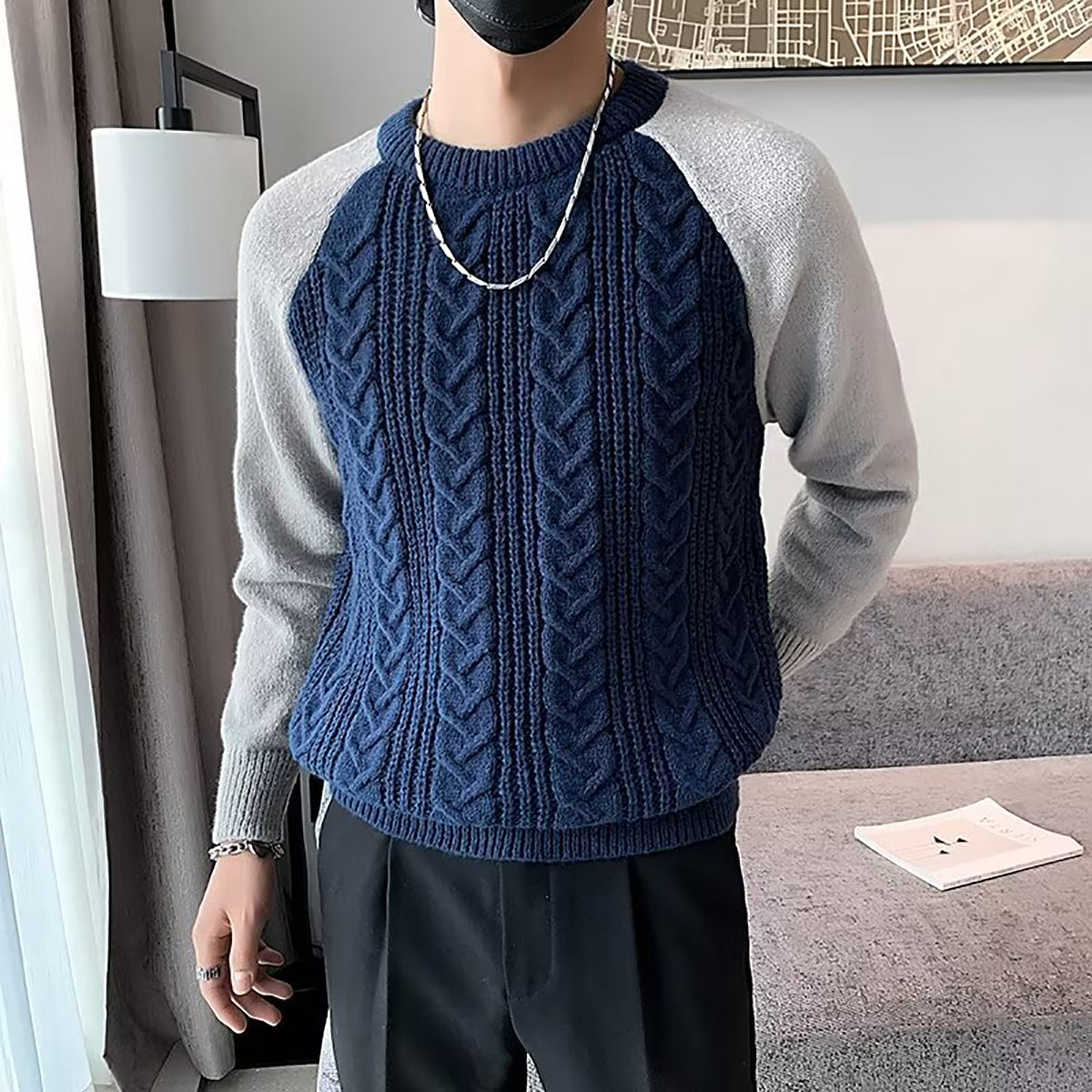 Men Cable Knit Round Neck Pullover Ribbed Sweater