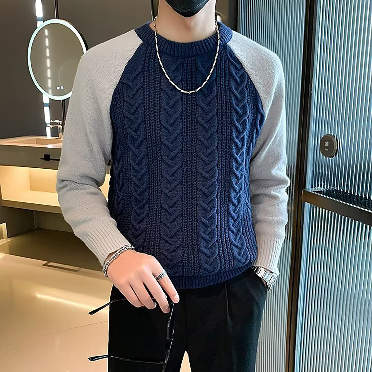 Men Cable Knit Round Neck Pullover Ribbed Sweater