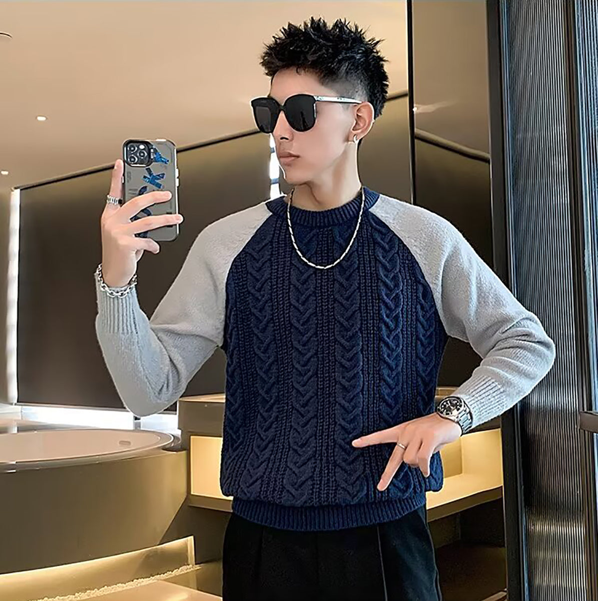 Men Cable Knit Round Neck Pullover Ribbed Sweater
